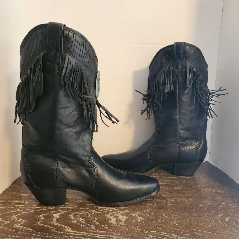 Vintage 80s 90s Laredo Black Leather Fringe Western Cowgirl Boots 28-710 NOS